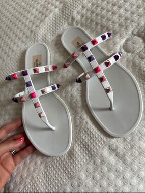 Valentino White T-Strap Jelly Sandals with Multicolor Studs